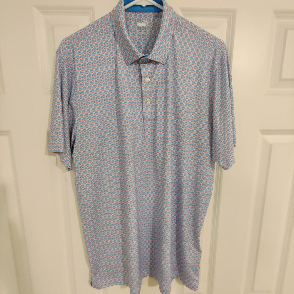 Men's Puma MATTR Palm Deco Polo Shirt Aqua Blue and Garnet Rose, Size M.